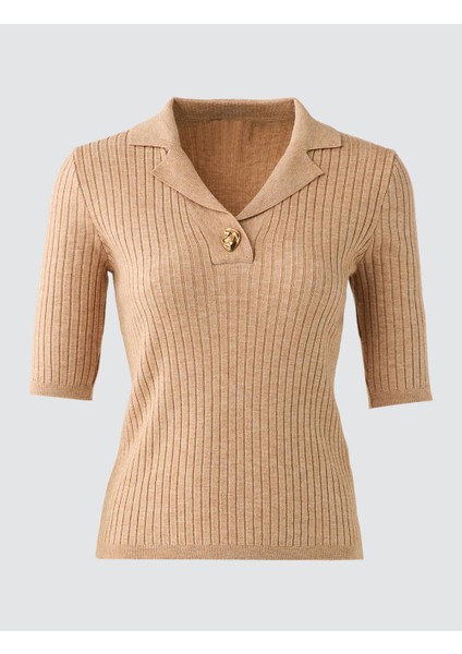 Bej Melanj Dar Kesim Gömlek Yaka Dirsek Kol Triko Kazak