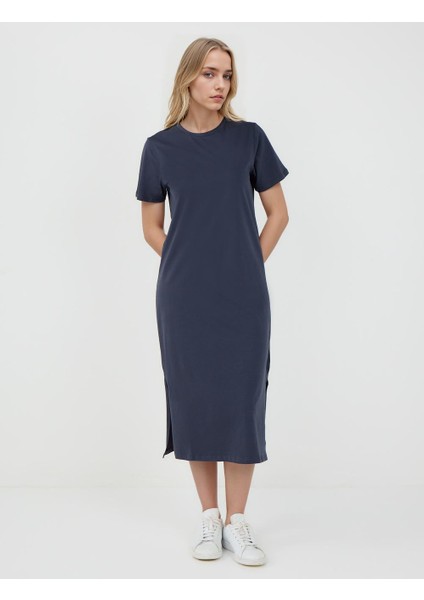 Lacivert %100 Pamuk Yuvarlak Yaka Kısa Kollu Midi Elbise