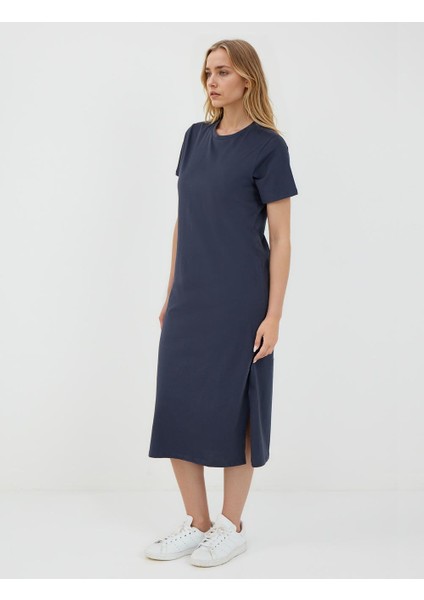 Lacivert %100 Pamuk Yuvarlak Yaka Kısa Kollu Midi Elbise fiyatları