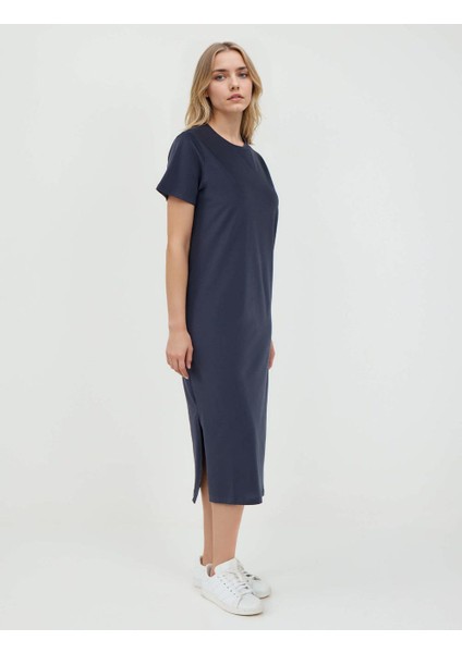 Lacivert %100 Pamuk Yuvarlak Yaka Kısa Kollu Midi Elbise modelleri