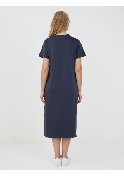 Lacivert %100 Pamuk Yuvarlak Yaka Kısa Kollu Midi Elbise fırsatları