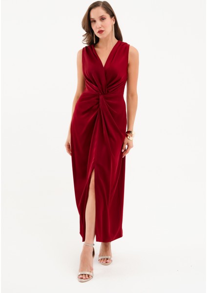 Kadın Bordo Düğüm Detaylı Midi Saten Elbise