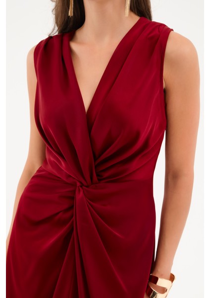 Kadın Bordo Düğüm Detaylı Midi Saten Elbise modelleri