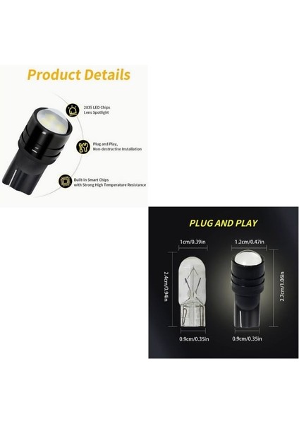 1 Takım T10 LED Projetor Lens Dipsiz Ampul Beyaz (Projektor T10 Whıte)