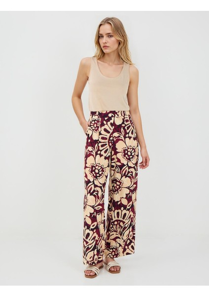 Bordo Yüksek Bel Bol Paça Uzun Desenli Pantolon