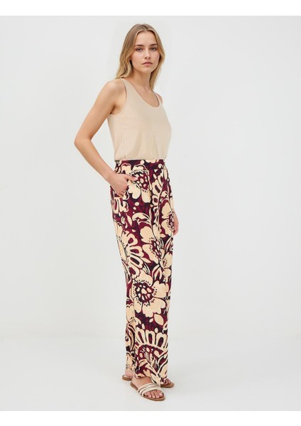 Bordo Yüksek Bel Bol Paça Uzun Desenli Pantolon fiyatları