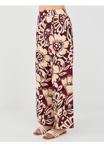 Bordo Yüksek Bel Bol Paça Uzun Desenli Pantolon fırsatları