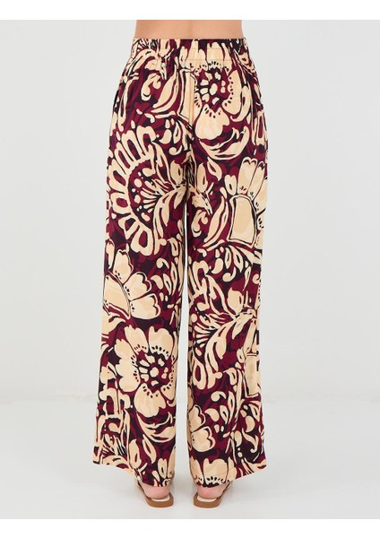 Bordo Yüksek Bel Bol Paça Uzun Desenli Pantolon indirimleri