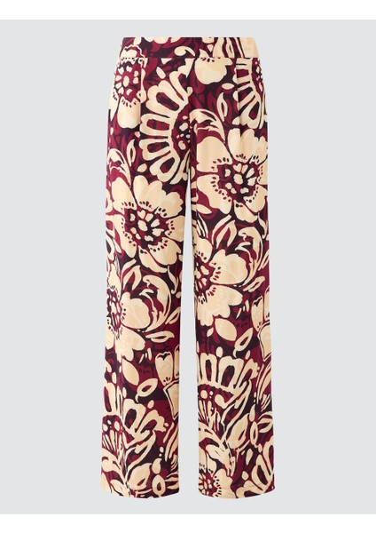 Bordo Yüksek Bel Bol Paça Uzun Desenli Pantolon