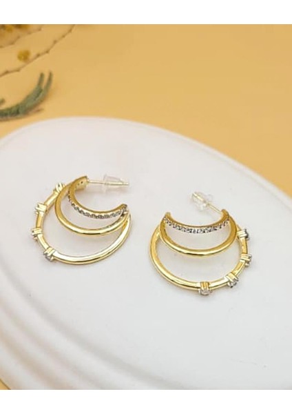 Zirkon Taşlı Çoklu Görünüm Yarım Halka Gold Küpe