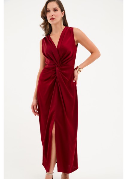 Kadın Bordo Düğüm Detaylı Midi Saten Elbise fiyatları