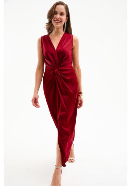 Kadın Bordo Düğüm Detaylı Midi Saten Elbise fırsatları