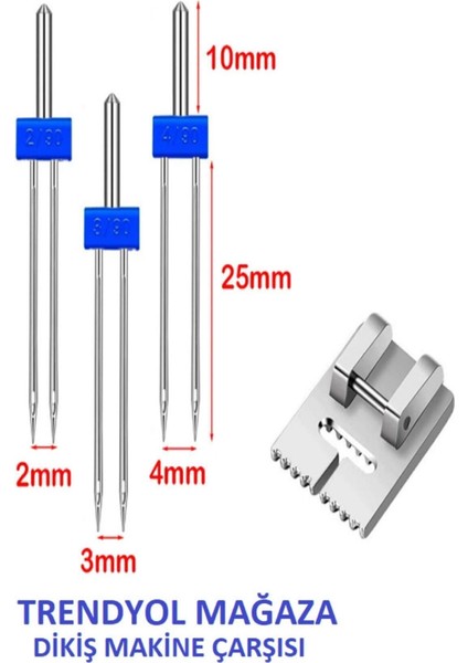 Çift Iğne ve Nervür Ayak Seti, 2mm, 3mm, 4mm Iğne Paketli, Mavi Renkli