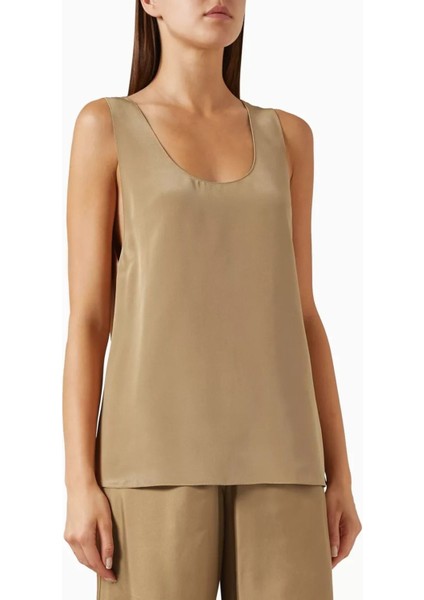 Light Brown Silk Tank Top, Dökümlü ve Zamansız Ipek Atlet