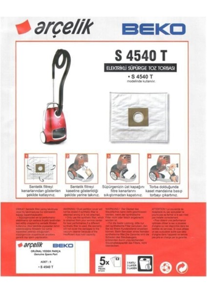 S 4540 T Uyumlu Süpürge Toz Torbası 5'li Beyaz Set