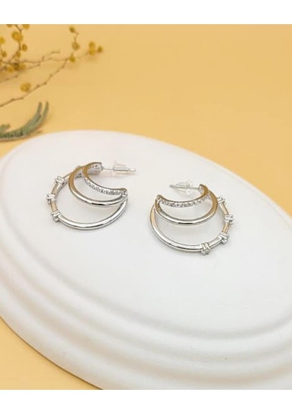 Zirkon Taşlı Çoklu Görünüm Yarım Halka Silver Küpe