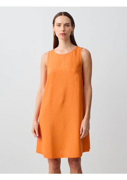 Turuncu Yuvarlak Yaka Kolsuz Keten Karışımlı Mini Elbise