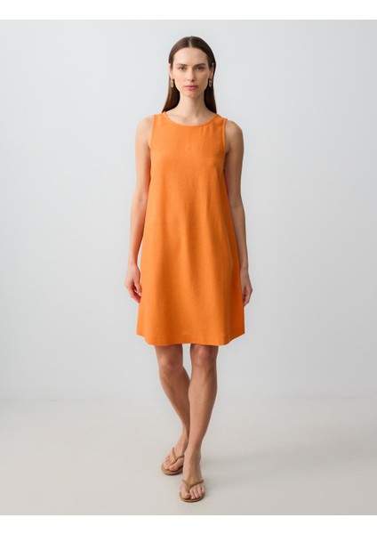 Turuncu Yuvarlak Yaka Kolsuz Keten Karışımlı Mini Elbise fiyatları