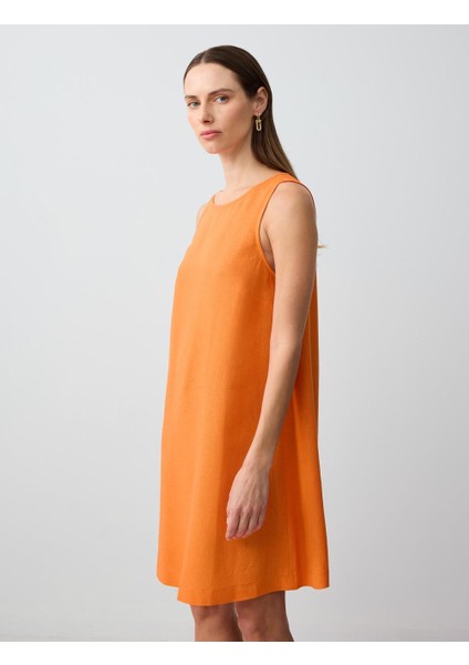 Turuncu Yuvarlak Yaka Kolsuz Keten Karışımlı Mini Elbise modelleri