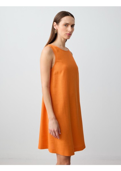 Turuncu Yuvarlak Yaka Kolsuz Keten Karışımlı Mini Elbise fırsatları