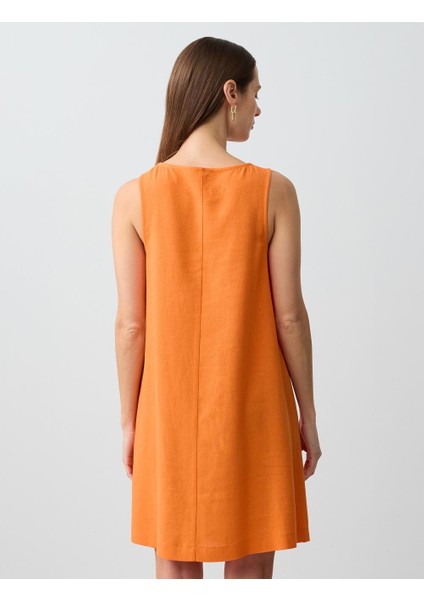 Turuncu Yuvarlak Yaka Kolsuz Keten Karışımlı Mini Elbise indirimleri