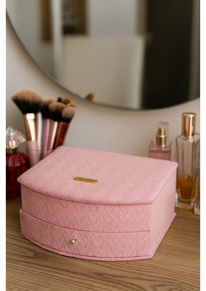 Dekoratif Kadife Takı Bijuteri Mücevher Kutusu Organizer Düzenleyici Pembe