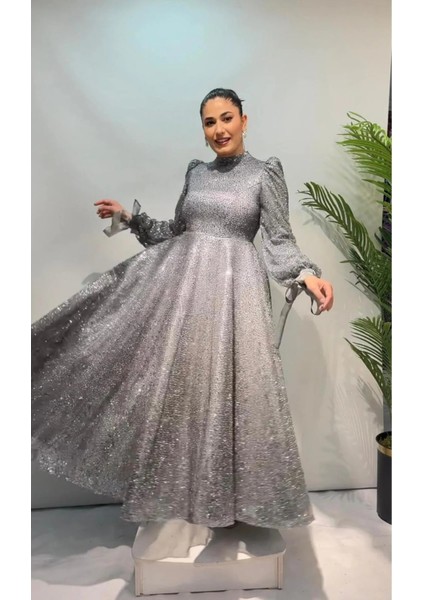 Tesettür Abiye Elbise - Tamamı Simli Işlemeli Uzun Kollu, Özel Gün Düğün Davetlik