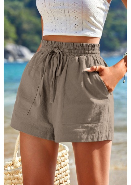 Kadın Bambu Keten Iç Göstermez Cepli Beli Bağcıklı Tatil Günlük Şort