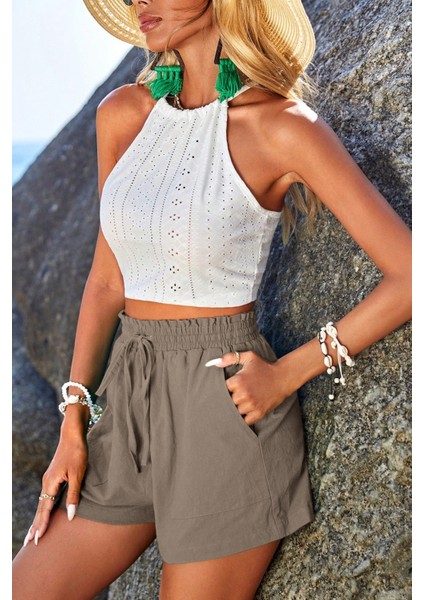 Kadın Bambu Keten Iç Göstermez Cepli Beli Bağcıklı Tatil Günlük Şort modelleri