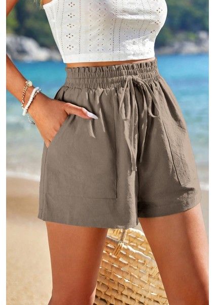 Kadın Bambu Keten Iç Göstermez Cepli Beli Bağcıklı Tatil Günlük Şort indirimleri