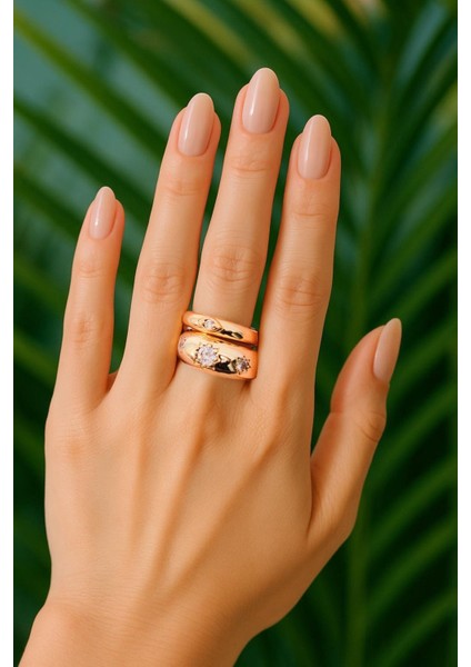 Gold 2'li Zirkon Taşı Bombeli Yüzük Seti