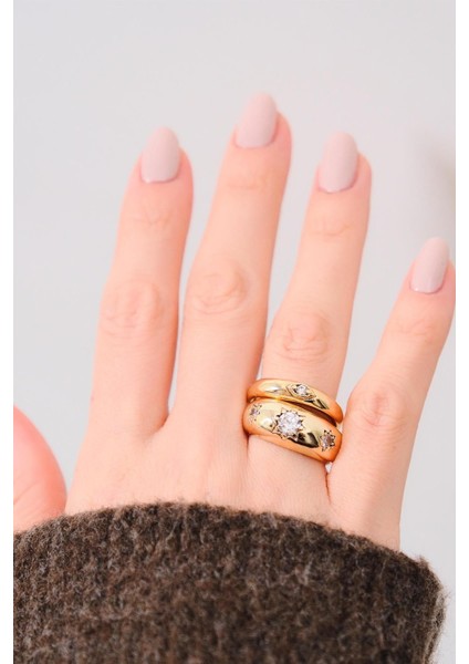 Gold 2'li Zirkon Taşı Bombeli Yüzük Seti fiyatları