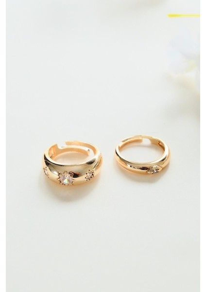 Gold 2'li Zirkon Taşı Bombeli Yüzük Seti modelleri