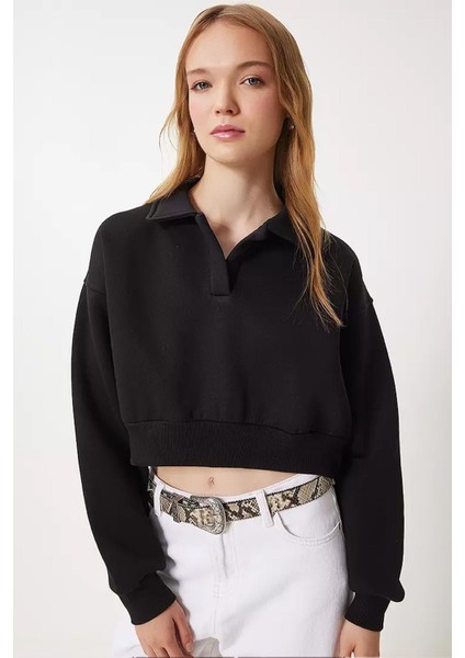 Kadın Siyah Gömlek Yaka Üç Iplik Sweatshirt