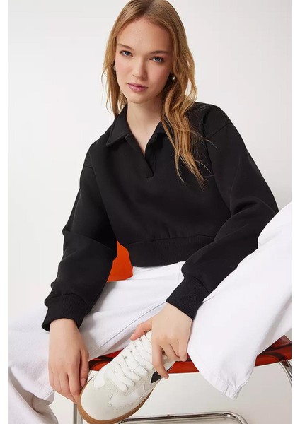 Kadın Siyah Gömlek Yaka Üç Iplik Sweatshirt fiyatları