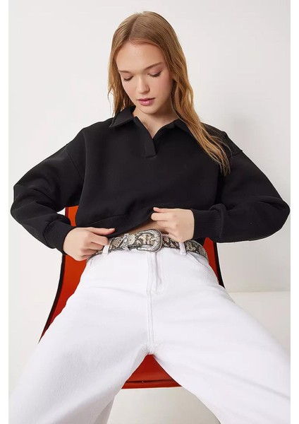 Kadın Siyah Gömlek Yaka Üç Iplik Sweatshirt modelleri