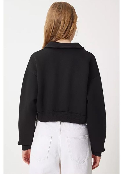 Kadın Siyah Gömlek Yaka Üç Iplik Sweatshirt fırsatları