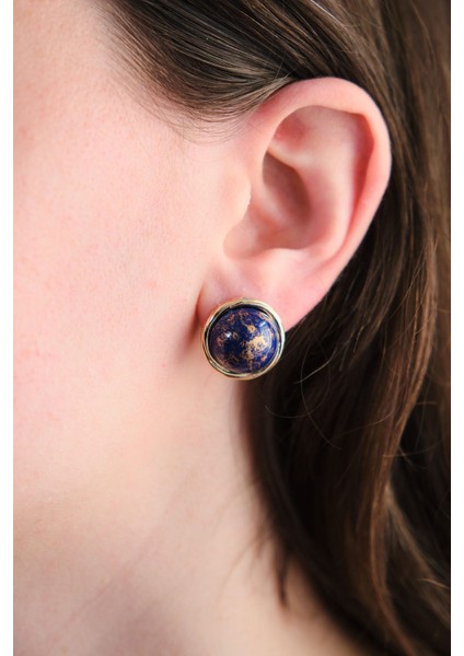 Vintage Lacivert Taşlı Yuvarlak Küpe