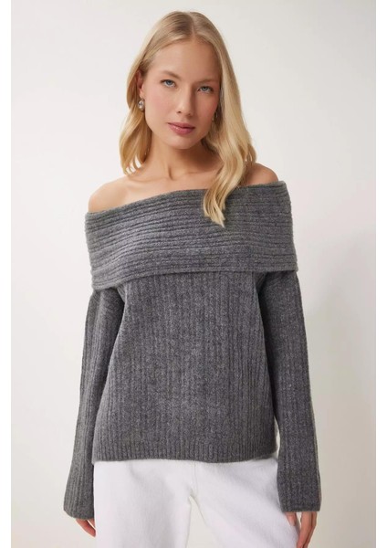 Kadın Antrasit Degaje Yaka Fitilli Triko Kazak