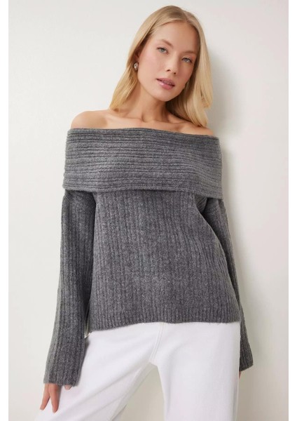 Kadın Antrasit Degaje Yaka Fitilli Triko Kazak fiyatları