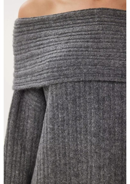Kadın Antrasit Degaje Yaka Fitilli Triko Kazak modelleri