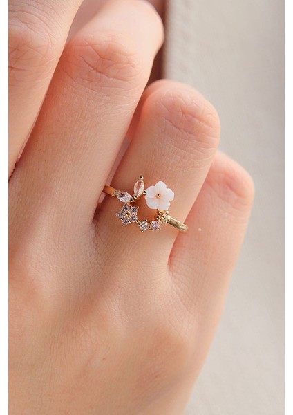 Gold Zirkon Yıldız ve Çiçek Çelik Yüzük