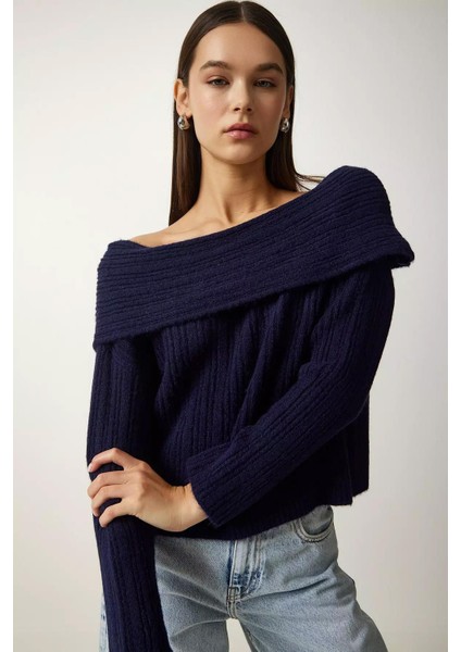 Kadın Lacivert Degaje Yaka Fitilli Triko Kazak