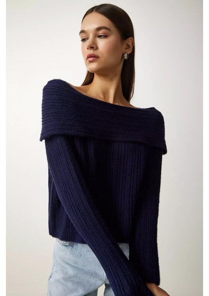 Kadın Lacivert Degaje Yaka Fitilli Triko Kazak fiyatları