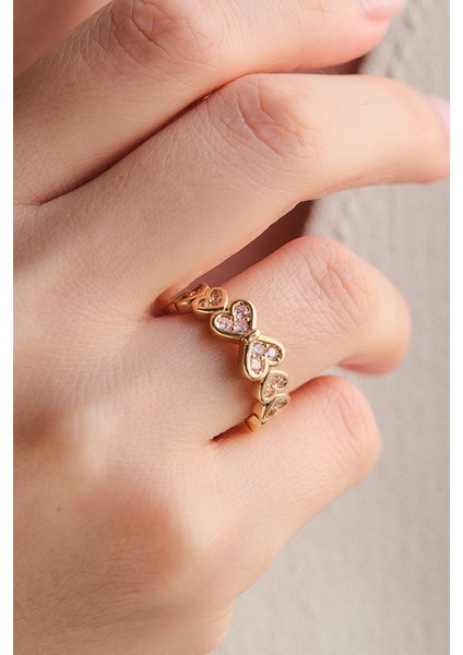 Gold Pembe Zirkon Taşlı Kalp Tasarım Çelik Yüzük