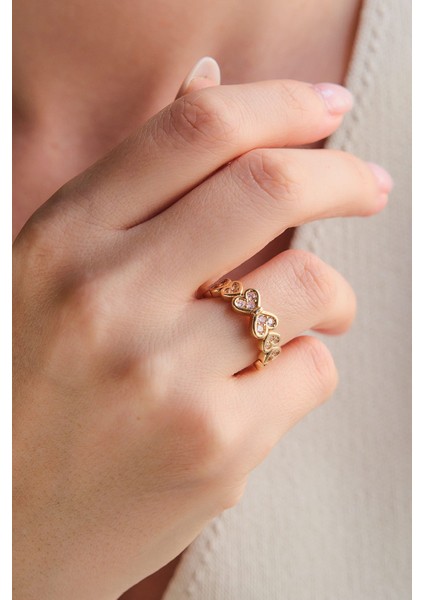 Gold Pembe Zirkon Taşlı Kalp Tasarım Çelik Yüzük fırsatları