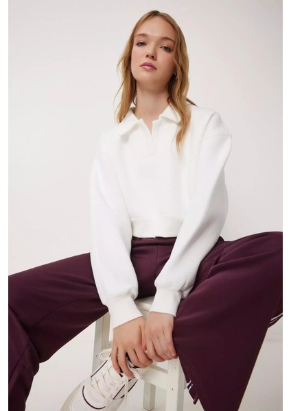 Kadın Ekru Gömlek Yaka Üç Iplik Sweatshirt