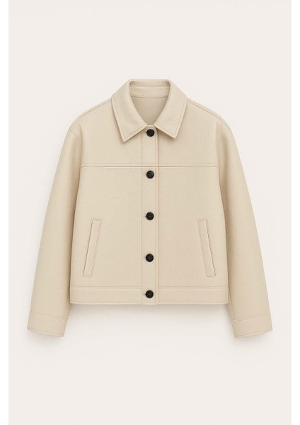 Denzel Düğmeli Yan Cepli Deri Görünümlü Erkek Ceket - Bej