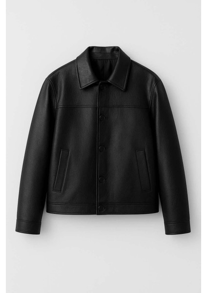 Denzel Düğmeli Yan Cepli Deri Görünümlü Erkek Ceket - Siyah