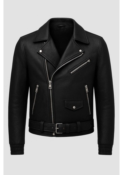 Russell Çok Cepli Biker Deri Görünümlü Erkek Ceket - Siyah